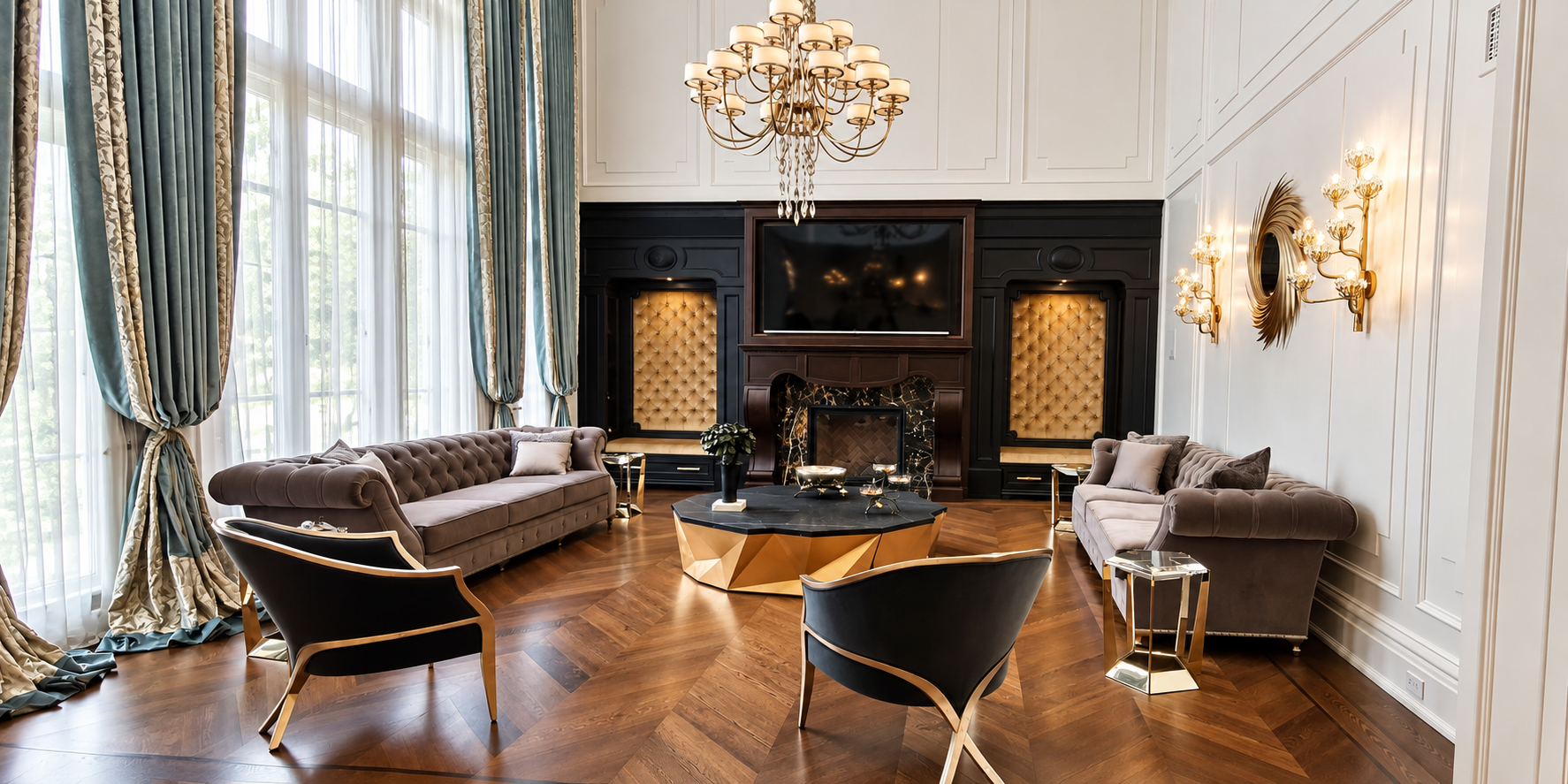Custom blue drapery and sheers framing tall windows in an elegant living room